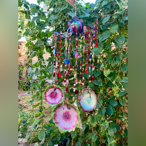 Inlaid Gold Leaves Vtg Porcelain Glass Beads 3D Butterfly Wind Chime Mobile - Picture 9 of 11